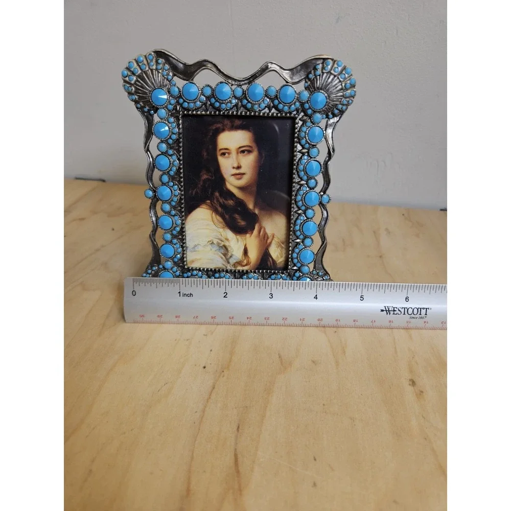 Western Turquoise Blue Silver Tone Jeweled Photo Frame Southwestern Decor